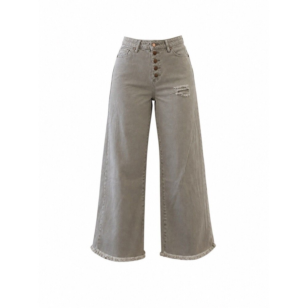 Easel Los Angeles Wide Leg Raw Hem Jeans Women's M Button Fly Tan Distressed